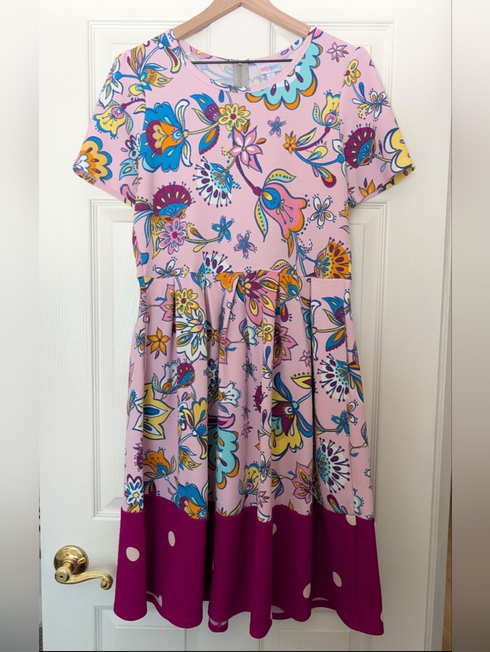 LuLaRoe Pink Floral Short-Sleeve Dress with Magenta Hem